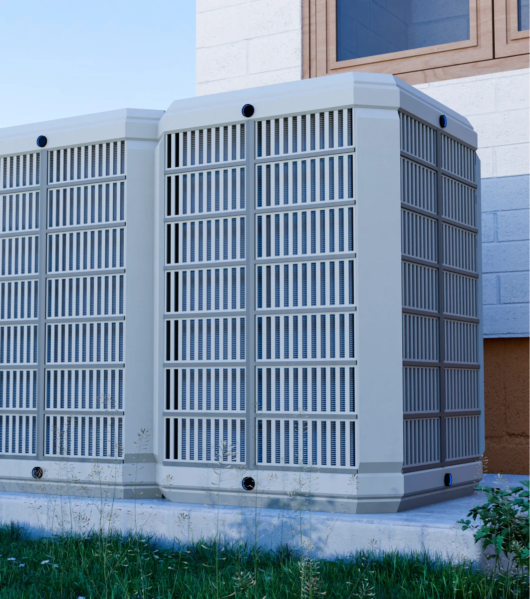 Two air conditioners in front of a house.